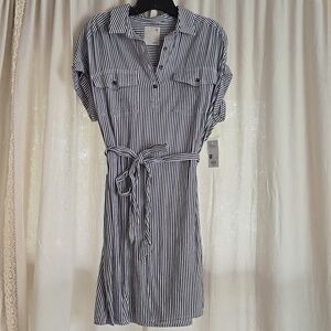 SO Navy and White Striped Belted Dress